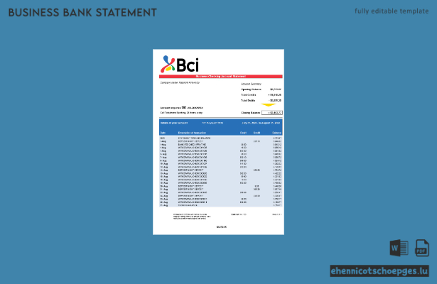BCI Bank Firmenkontoauszug – Beispielansicht (Word und PDF)
